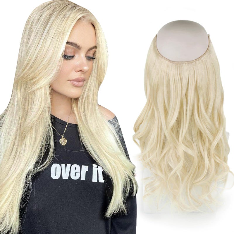Sassina Invisible Wire Hair Extensions Real Human Hair with Transparent Wire Adjustable Size Secure Clips Natural Straight Secret Miracle Hairpiece 60 Platinum Blonde 22 Inch 100 Gram